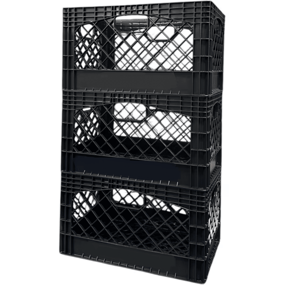 Stackable Black Milk Crates with Handles for Garage and Pantry