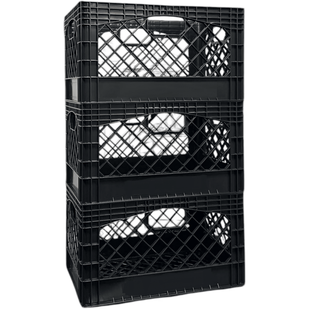 Stackable Black Milk Crates with Handles for Garage and Pantry