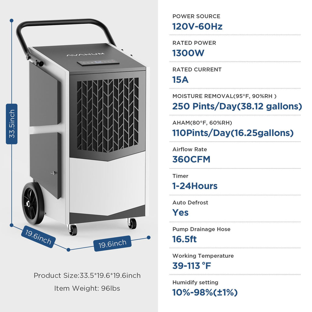 250 Pint Commercial Dehumidifier with Pump for Large Spaces