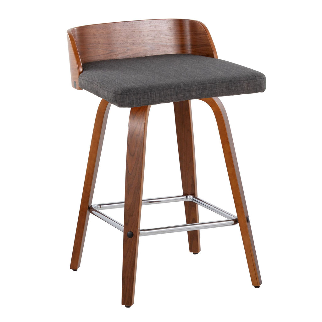 26" Mid-Century Modern Fixed-Height Counter Stool with Swivel in Walnut Wood and Charcoal Fabric wit