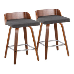 26" Mid-Century Modern Fixed-Height Counter Stool with Swivel in Walnut Wood and Charcoal Fabric wit