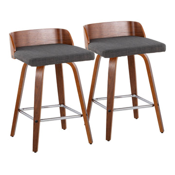 26" Mid-Century Modern Fixed-Height Counter Stool with Swivel in Walnut Wood and Charcoal Fabric wit