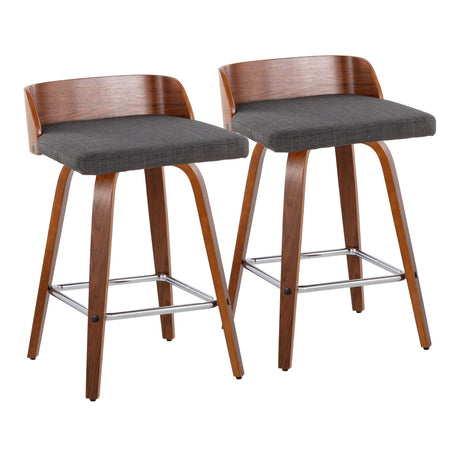 26" Mid-Century Modern Fixed-Height Counter Stool with Swivel in Walnut Wood and Charcoal Fabric wit