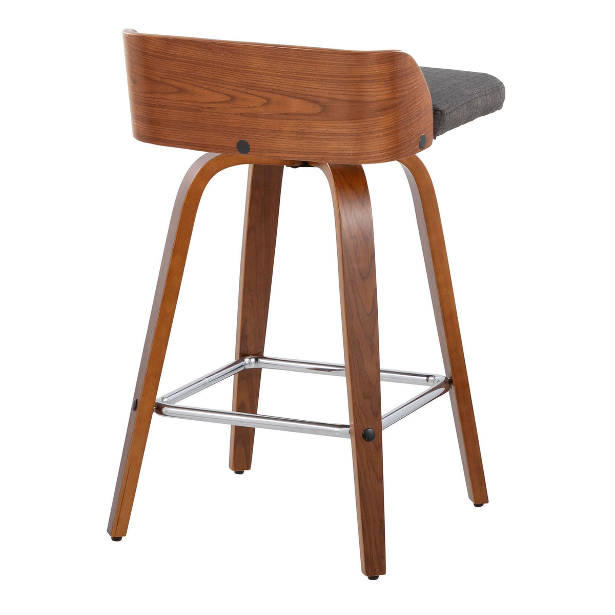 26" Mid-Century Modern Fixed-Height Counter Stool with Swivel in Walnut Wood and Charcoal Fabric wit