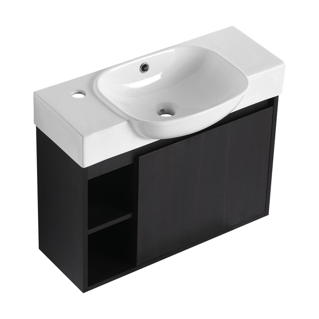 Dark Oak Floating Bathroom Vanity with White Sink