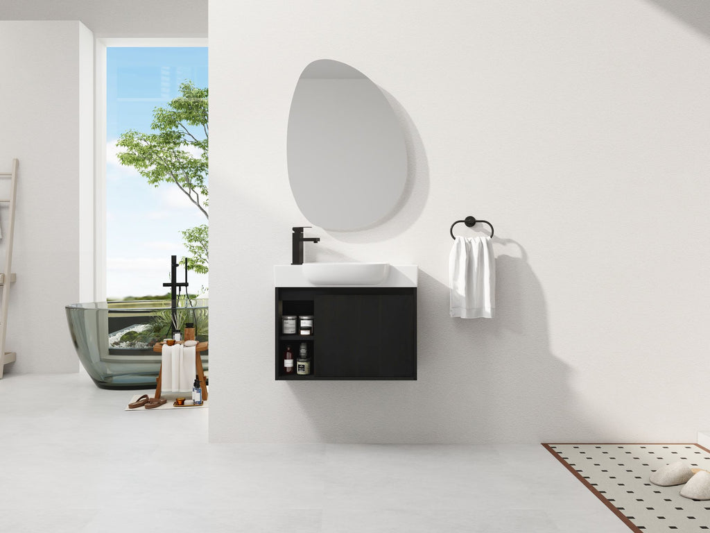Dark Oak Floating Bathroom Vanity with White Sink