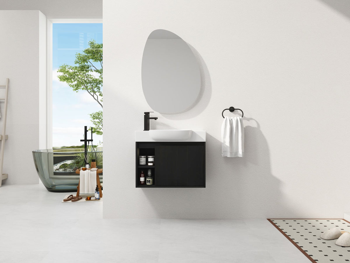 Dark Oak Floating Bathroom Vanity with White Sink