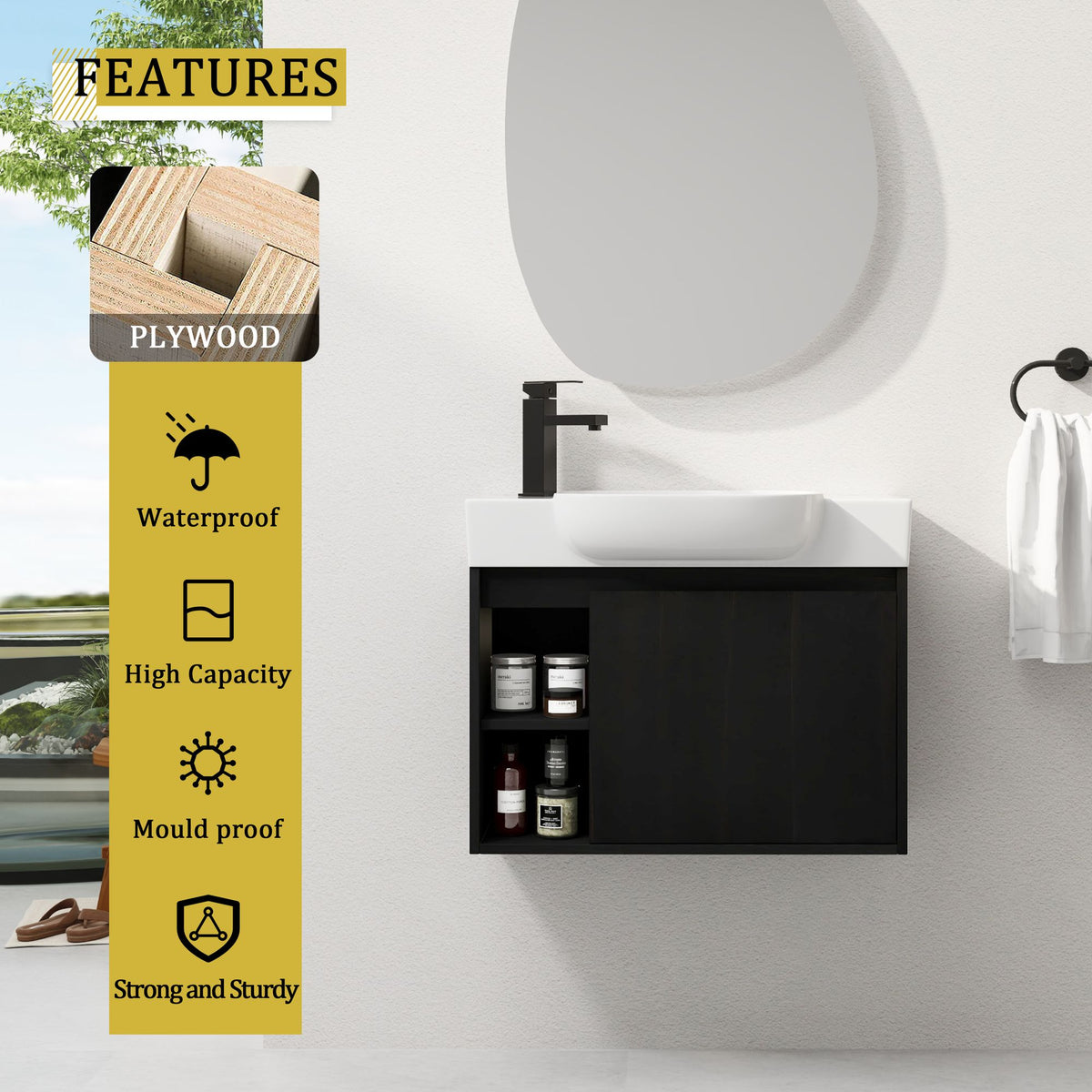 Dark Oak Floating Bathroom Vanity with White Sink