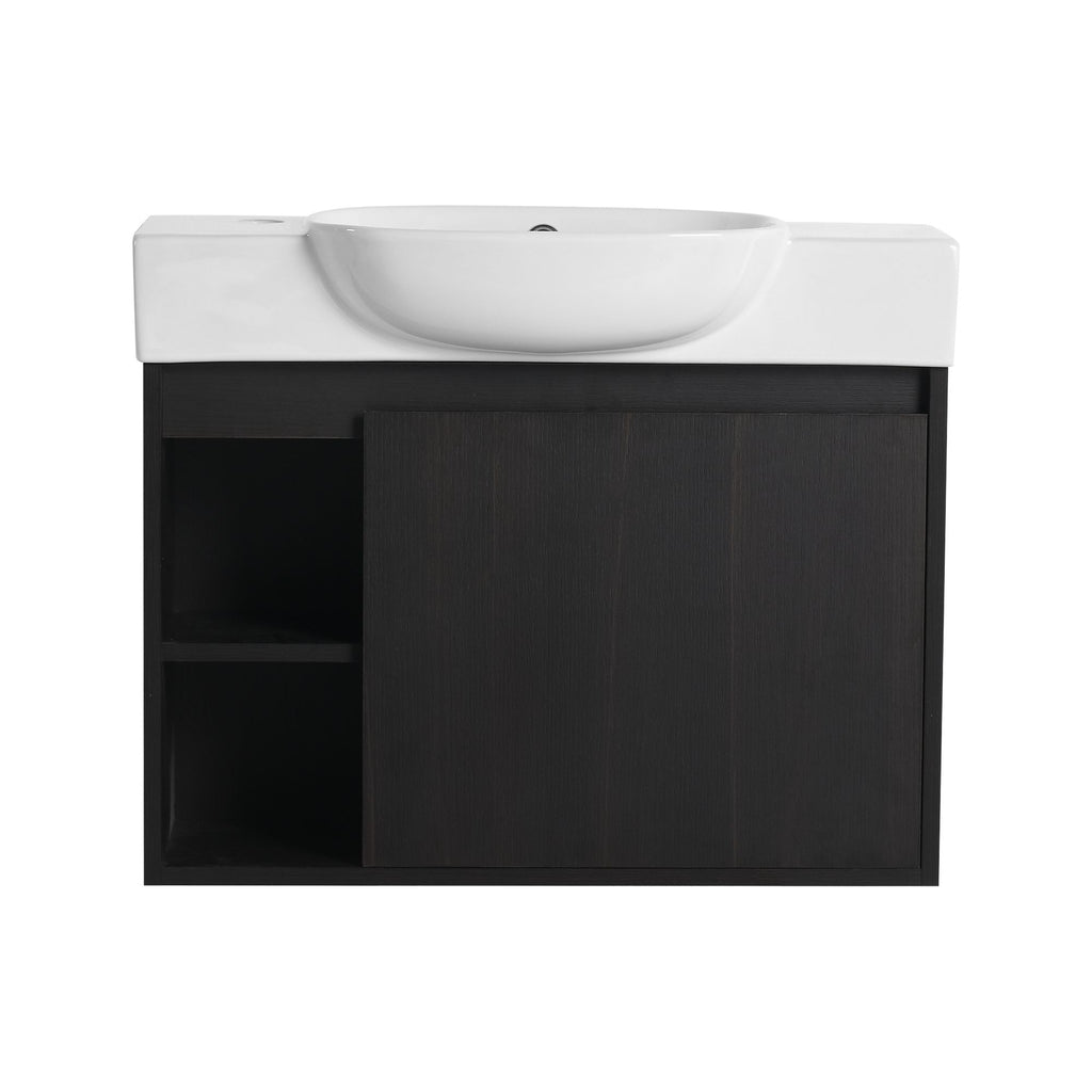 Dark Oak Floating Bathroom Vanity with White Sink