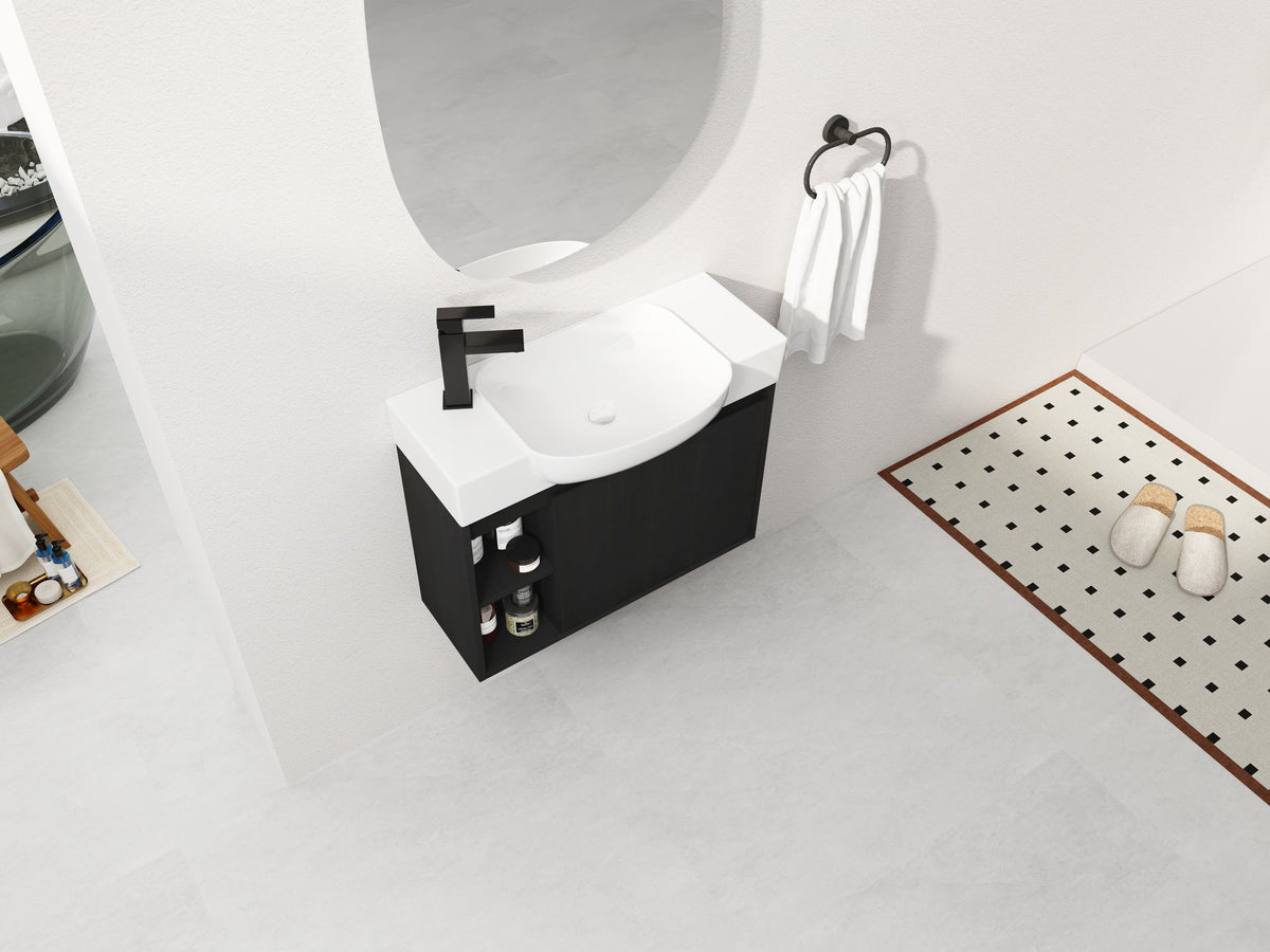 Dark Oak Floating Bathroom Vanity with White Sink