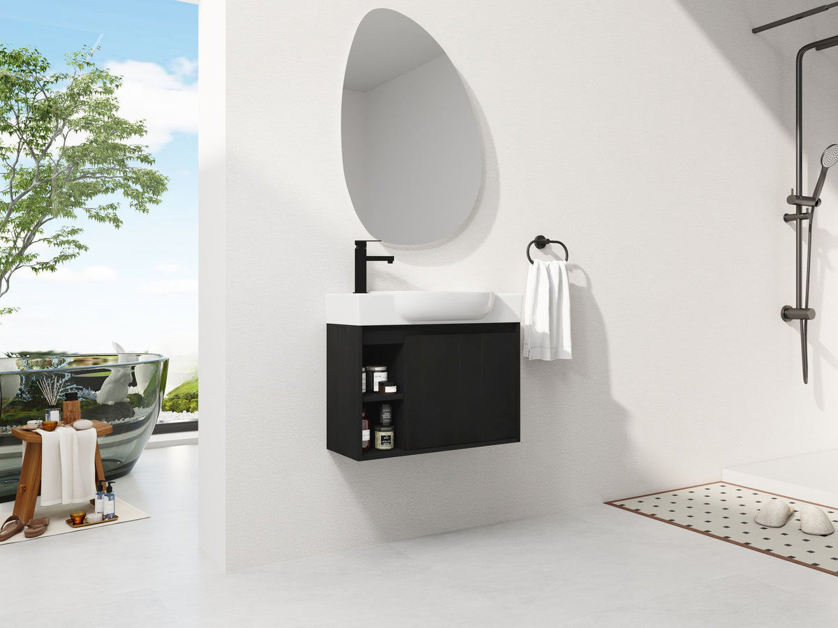 Dark Oak Floating Bathroom Vanity with White Sink
