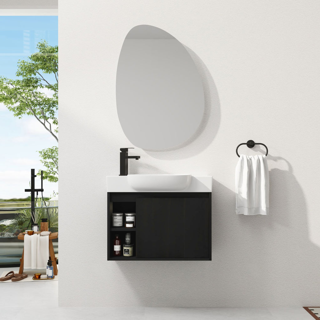 Dark Oak Floating Bathroom Vanity with White Sink