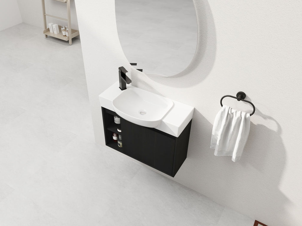 Dark Oak Floating Bathroom Vanity with White Sink