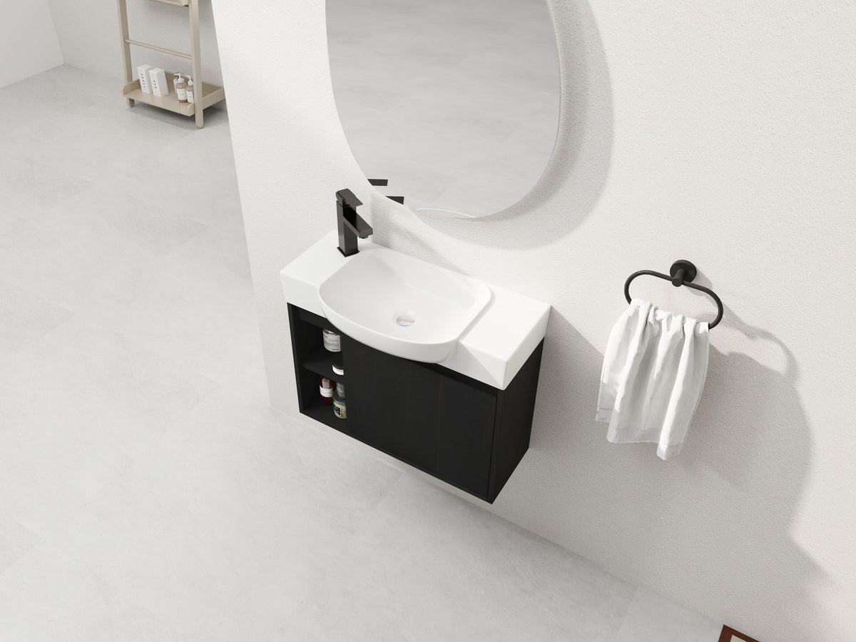 Dark Oak Floating Bathroom Vanity with White Sink