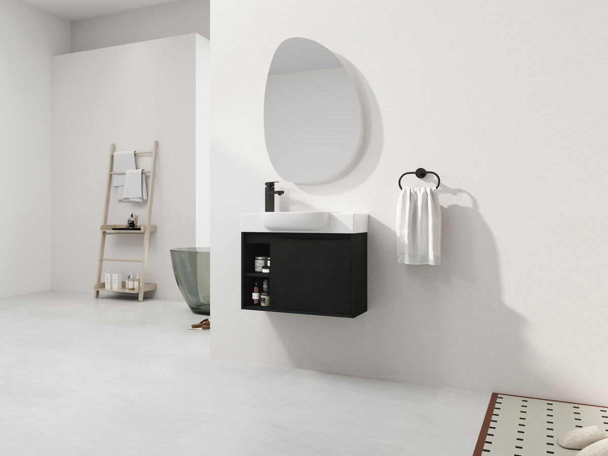 Dark Oak Floating Bathroom Vanity with White Sink