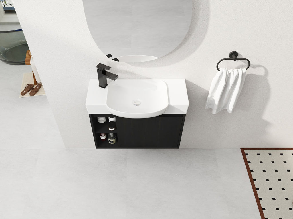 Dark Oak Floating Bathroom Vanity with White Sink