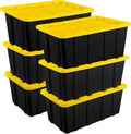 27 Gallon everyday Plastic Storage Tote with Snap-On Lid, Black and Yellow, 6 Pack