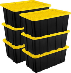 27 Gallon everyday Plastic Storage Tote with Snap-On Lid, Black and Yellow, 6 Pack