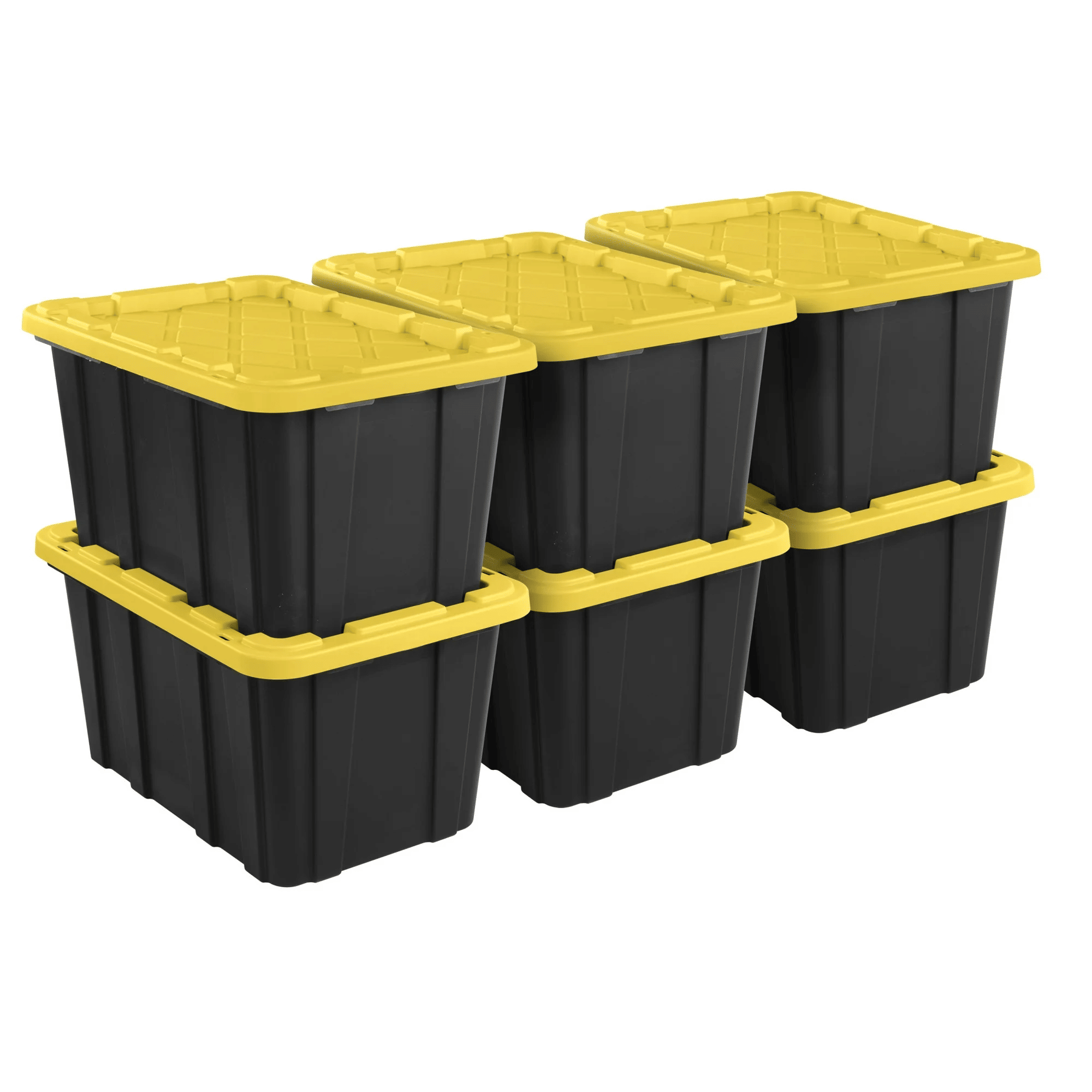 27 Gallon everyday Plastic Storage Tote with Snap-On Lid, Black and Yellow, 6 Pack