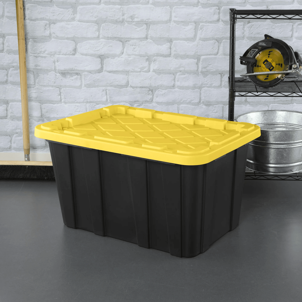 27 Gallon everyday Plastic Storage Tote with Snap-On Lid, Black and Yellow, 6 Pack
