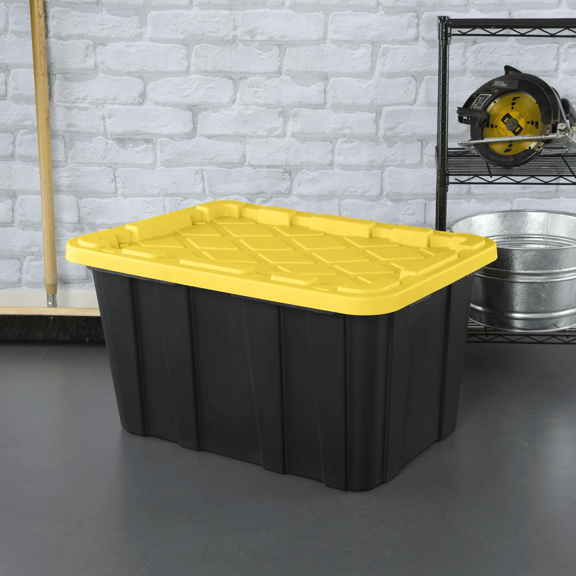 27 Gallon everyday Plastic Storage Tote with Snap-On Lid, Black and Yellow, 6 Pack