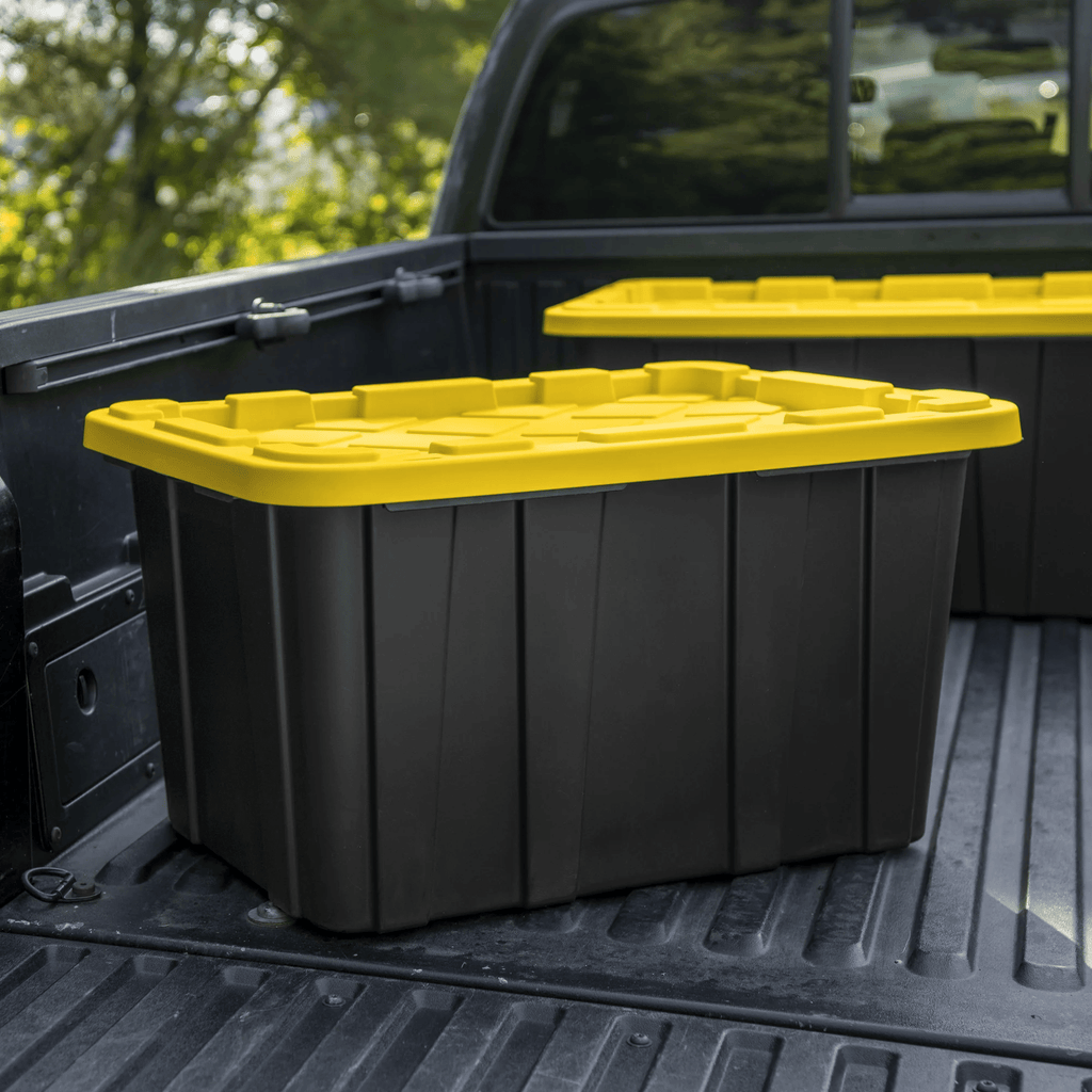 27 Gallon everyday Plastic Storage Tote with Snap-On Lid, Black and Yellow, 6 Pack