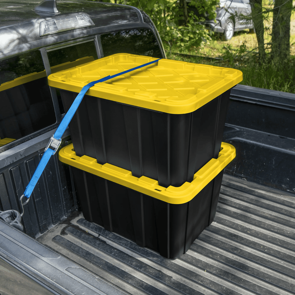 27 Gallon everyday Plastic Storage Tote with Snap-On Lid, Black and Yellow, 6 Pack