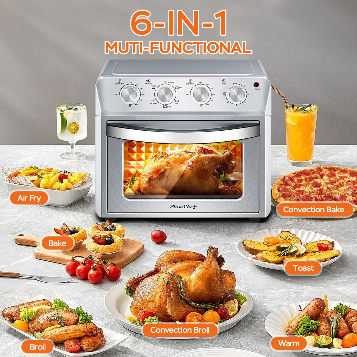 27.5QT 6-in-1 Air Fryer Toaster Oven Dropdown-Door 6-Slice Countertop Convection Oven for Air Frying