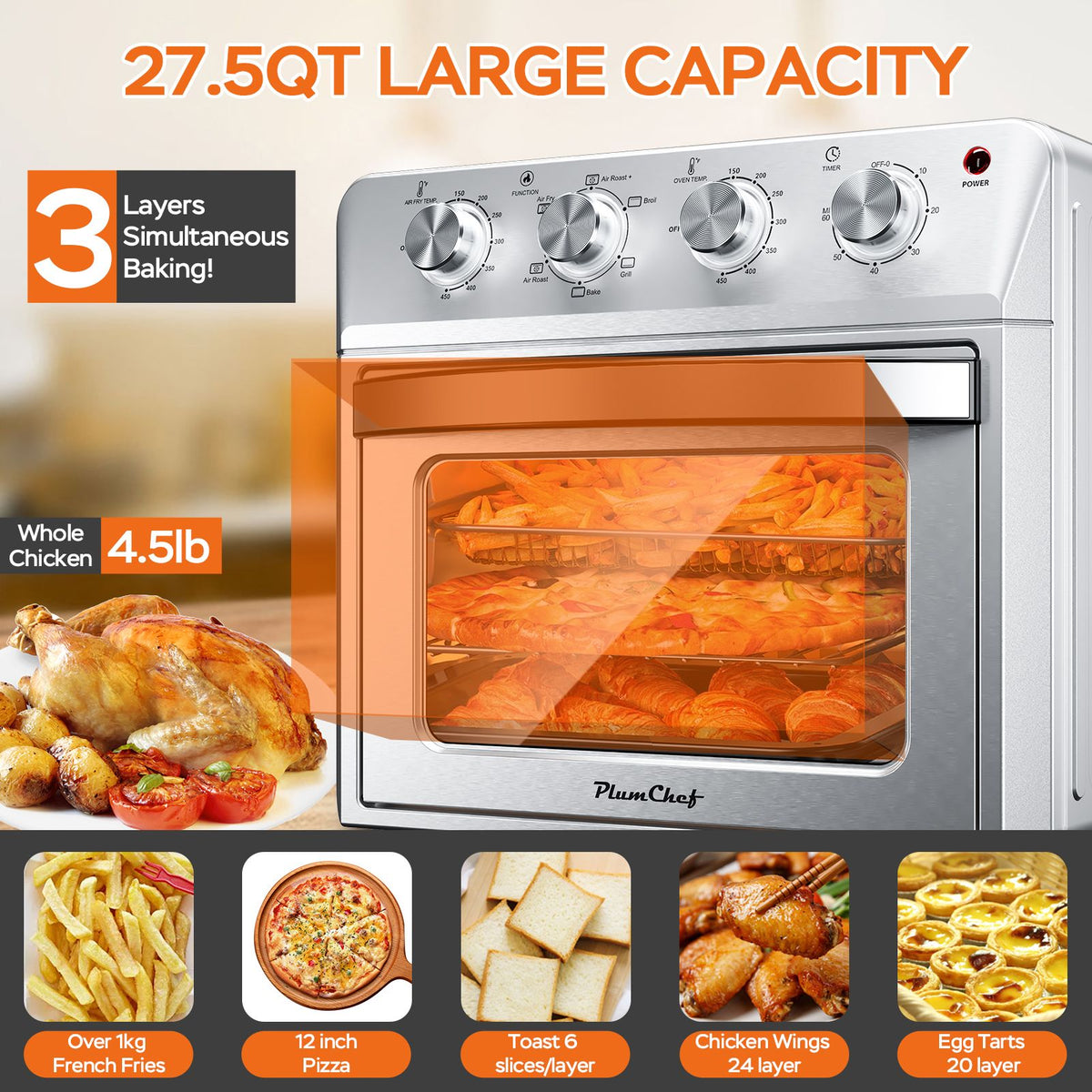 27.5QT 6-in-1 Air Fryer Toaster Oven Dropdown-Door 6-Slice Countertop Convection Oven for Air Frying