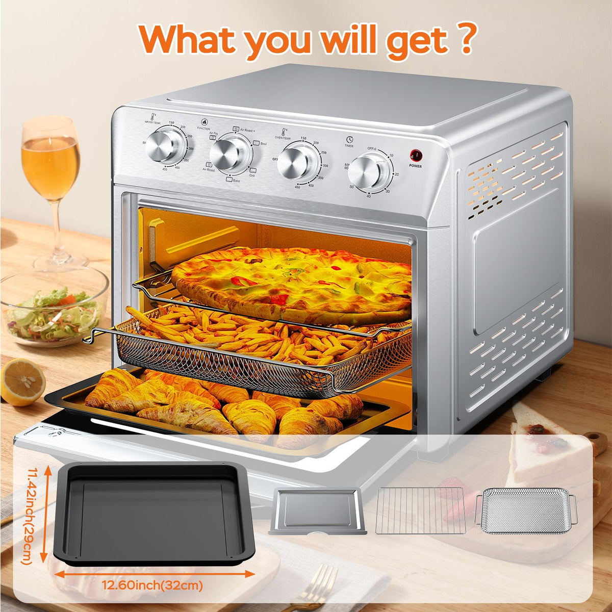27.5QT 6-in-1 Air Fryer Toaster Oven Dropdown-Door 6-Slice Countertop Convection Oven for Air Frying