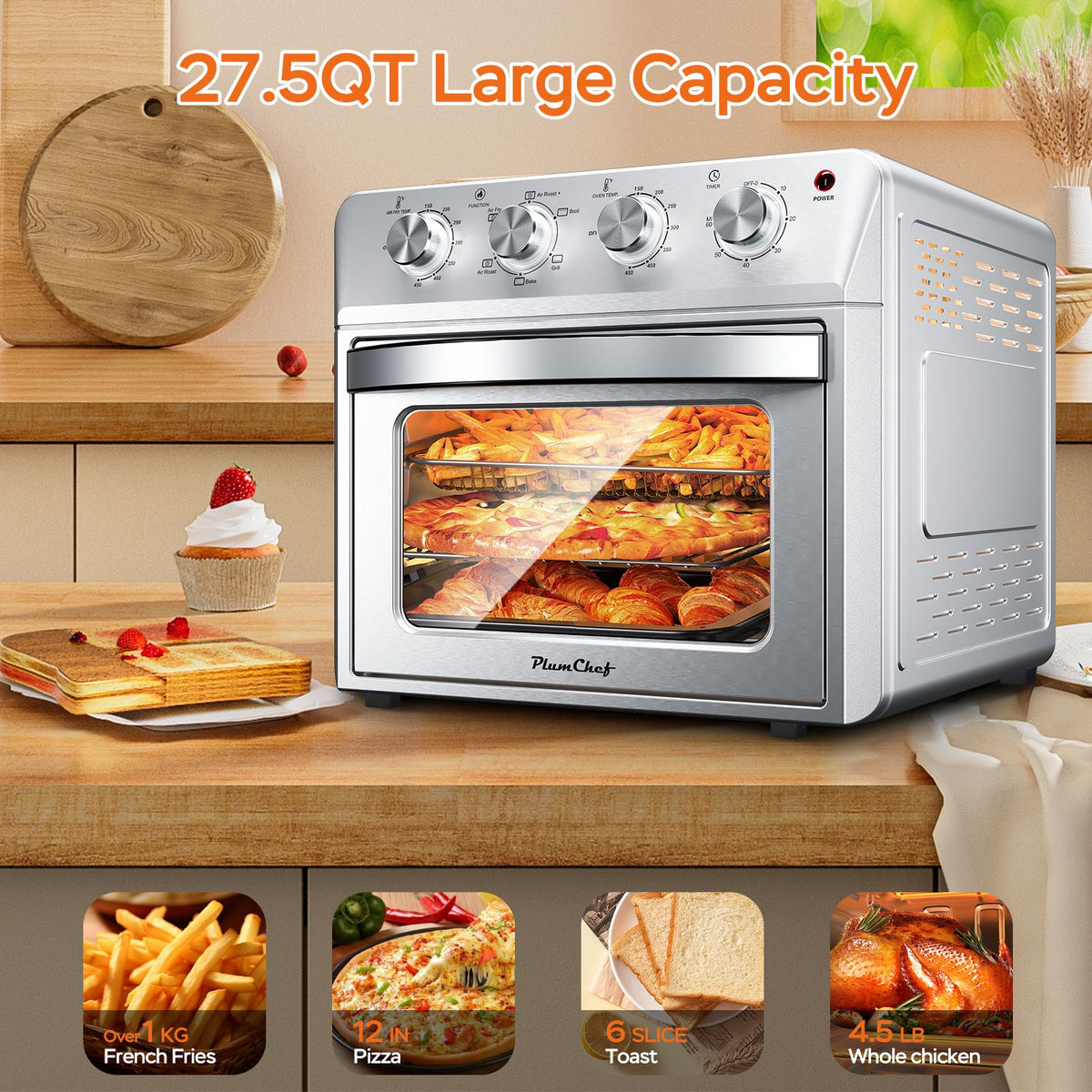 27.5QT 6-in-1 Air Fryer Toaster Oven Dropdown-Door 6-Slice Countertop Convection Oven for Air Frying