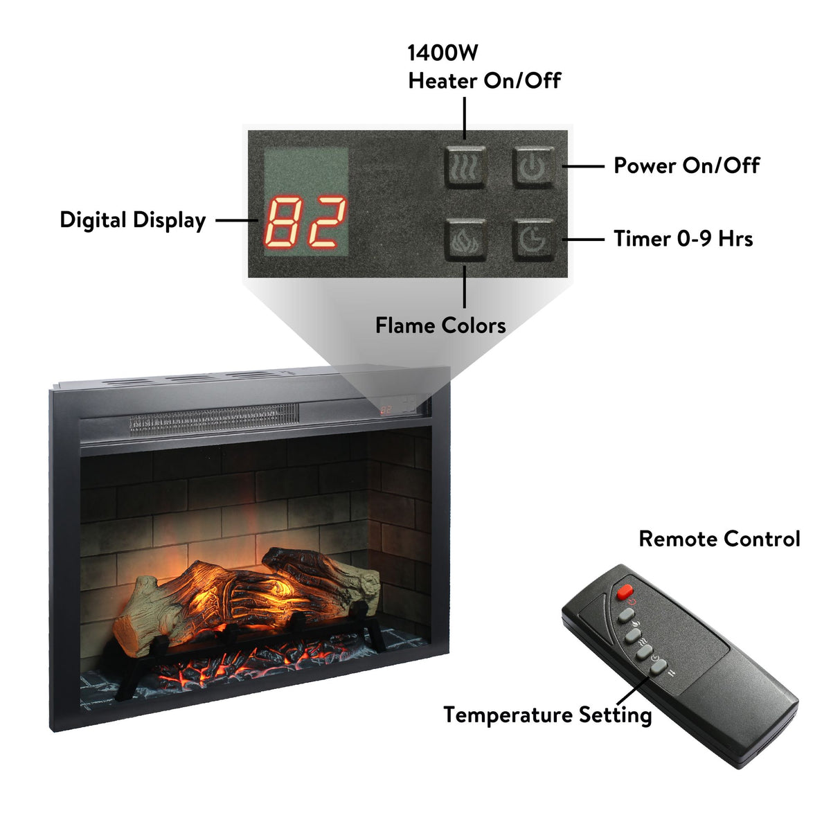 Multicolored Flame Electric Fireplace Insert with Adjustable Brightness