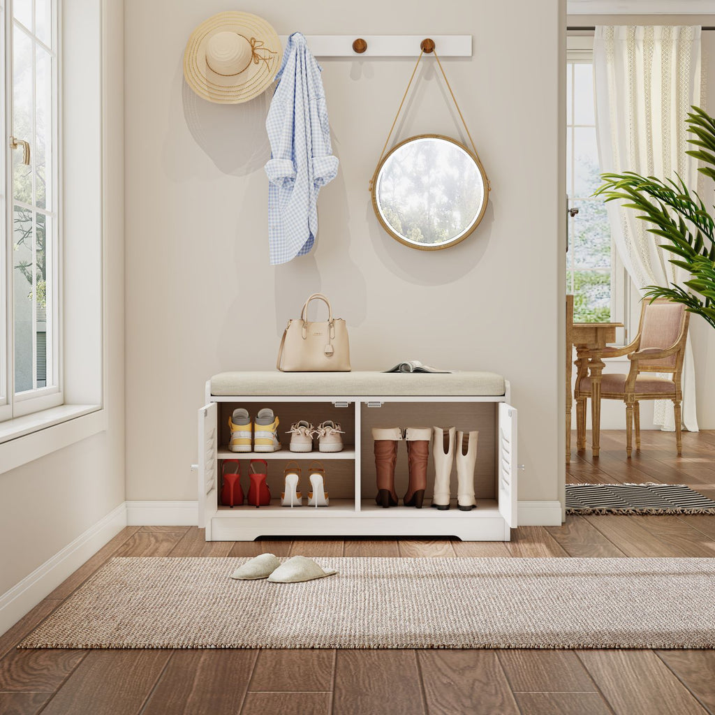 2-Door Shoe Storage Bench with Cushion and Adjustable Shelves for Entryway Hallway
