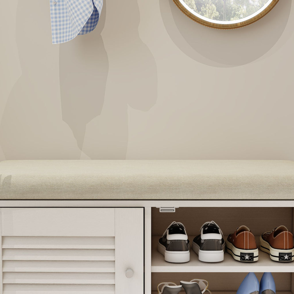 2-Door Shoe Storage Bench with Cushion and Adjustable Shelves for Entryway Hallway