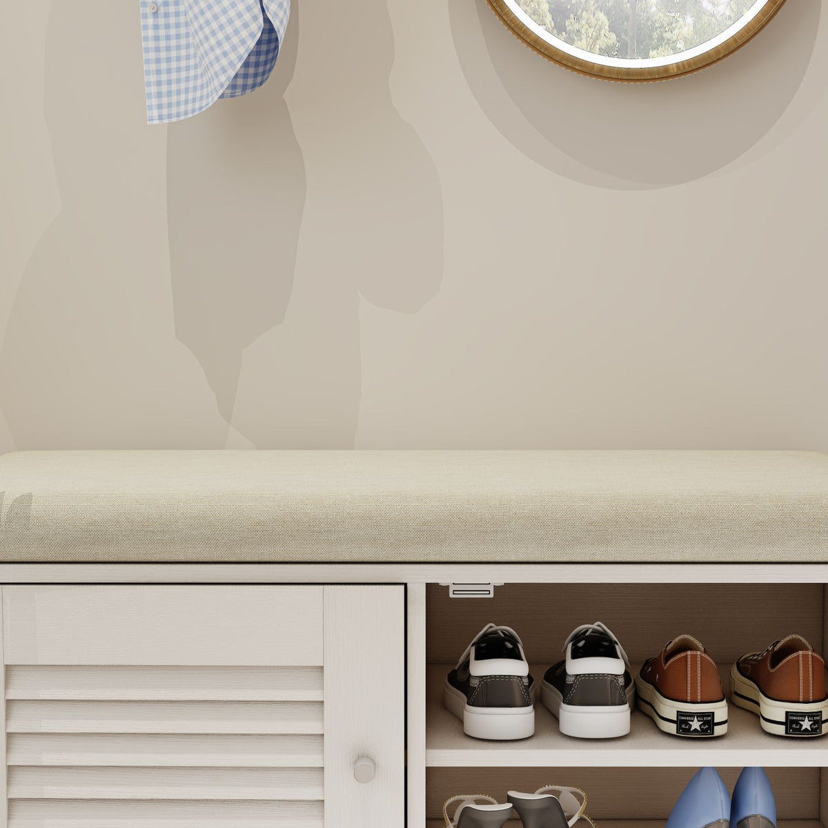 2-Door Shoe Storage Bench with Cushion and Adjustable Shelves for Entryway Hallway