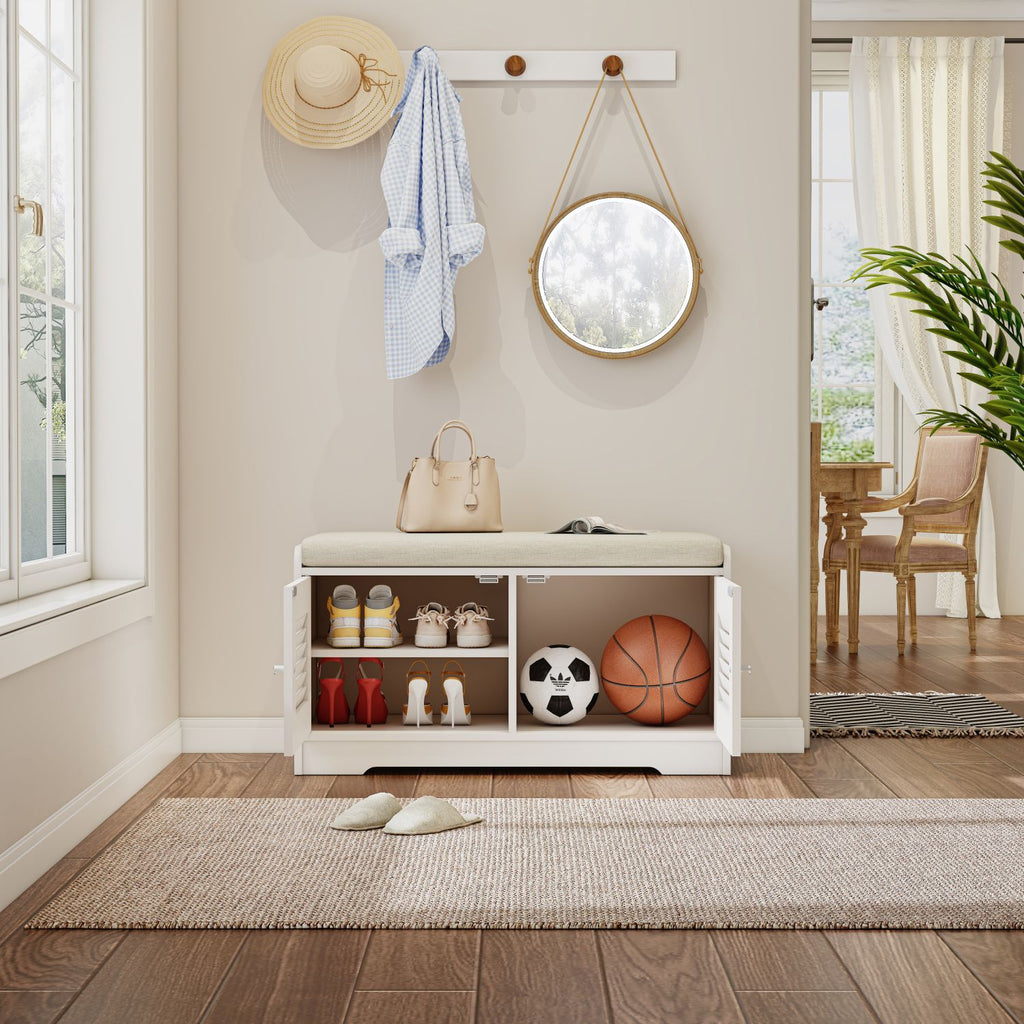 2-Door Shoe Storage Bench with Cushion and Adjustable Shelves for Entryway Hallway