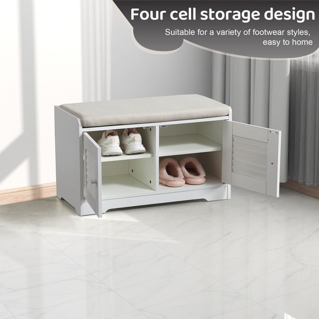 2-Door Shoe Storage Bench with Cushion and Adjustable Shelves for Entryway Hallway