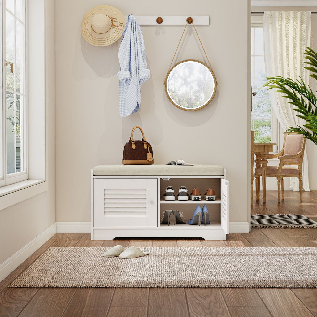 2-Door Shoe Storage Bench with Cushion and Adjustable Shelves for Entryway Hallway