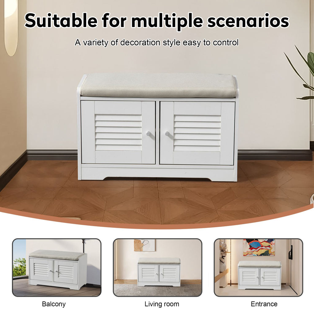 2-Door Shoe Storage Bench with Cushion and Adjustable Shelves for Entryway Hallway