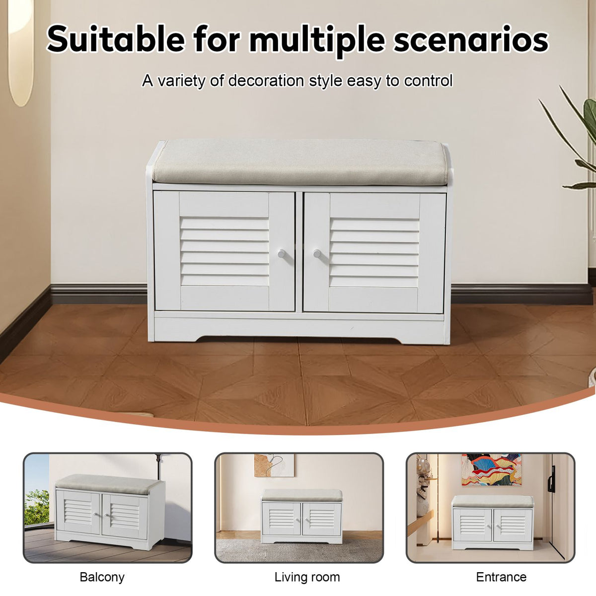2-Door Shoe Storage Bench with Cushion and Adjustable Shelves for Entryway Hallway