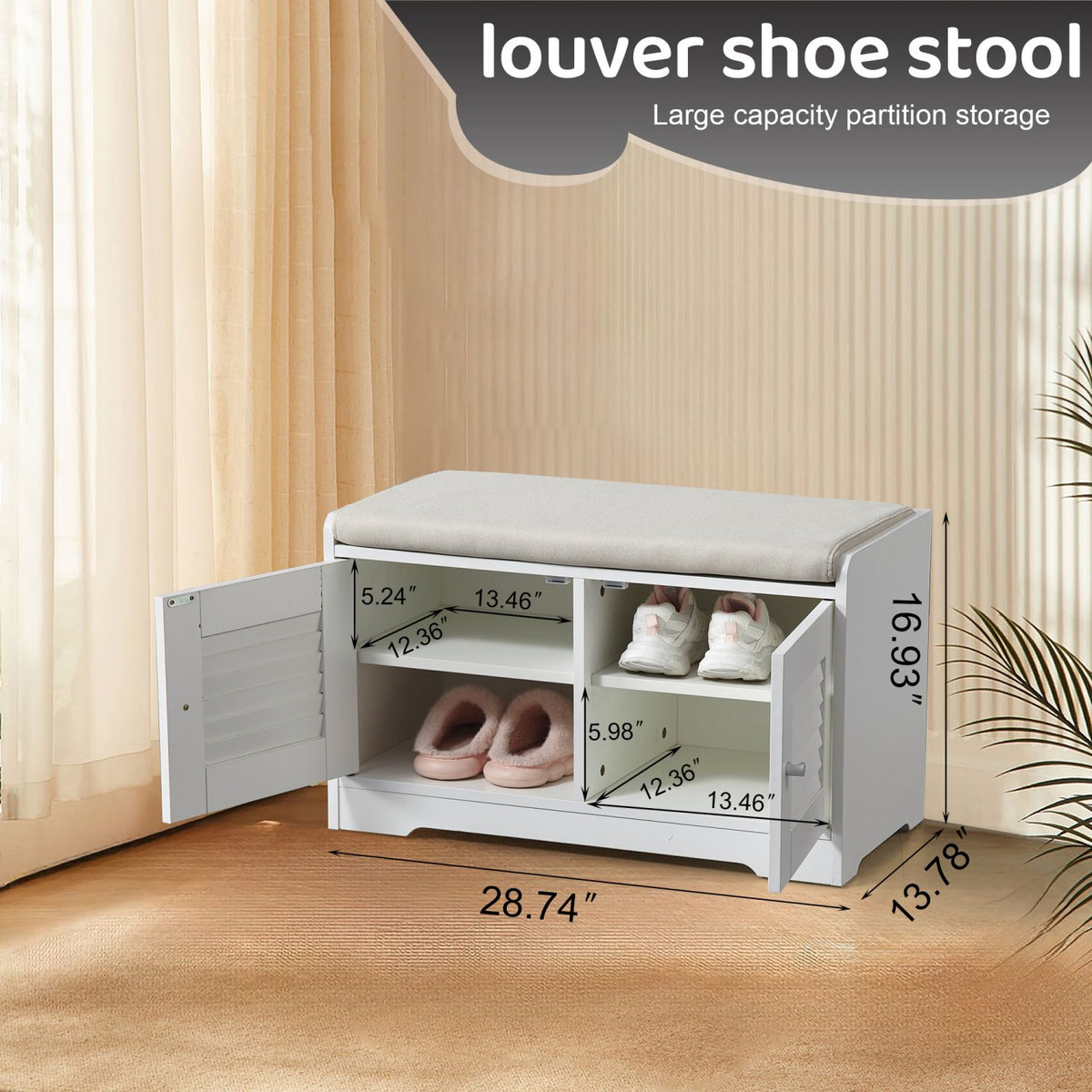 2-Door Shoe Storage Bench with Cushion and Adjustable Shelves for Entryway Hallway