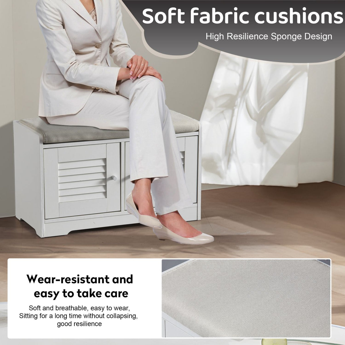 2-Door Shoe Storage Bench with Cushion and Adjustable Shelves for Entryway Hallway