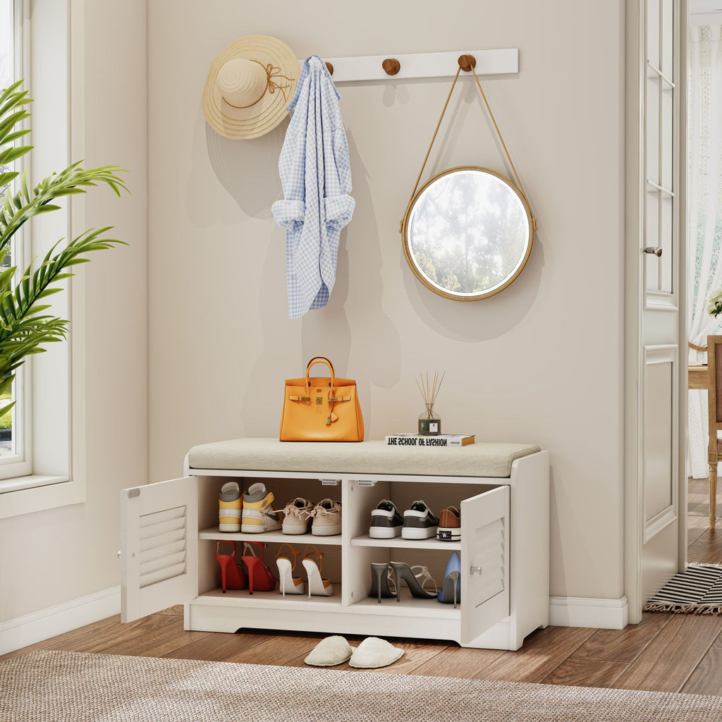 2-Door Shoe Storage Bench with Cushion and Adjustable Shelves for Entryway Hallway