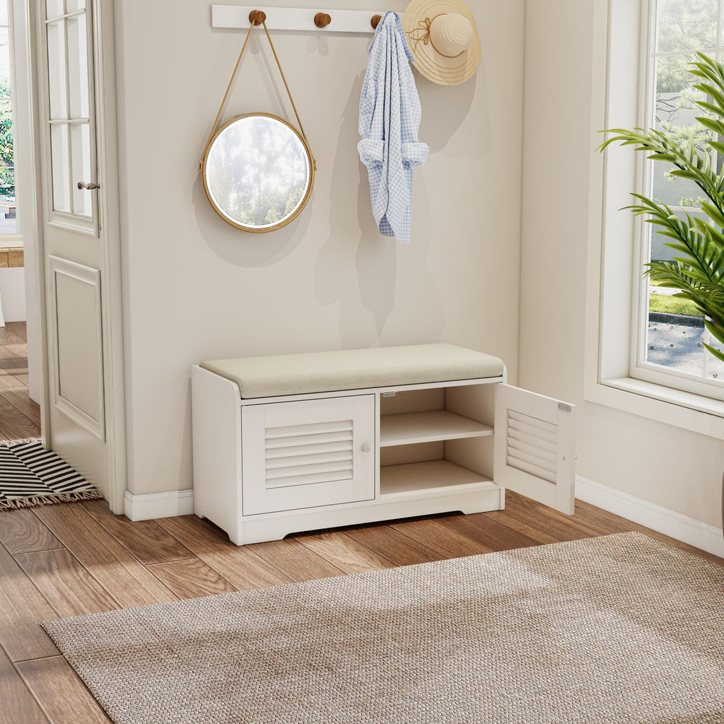 2-Door Shoe Storage Bench with Cushion and Adjustable Shelves for Entryway Hallway