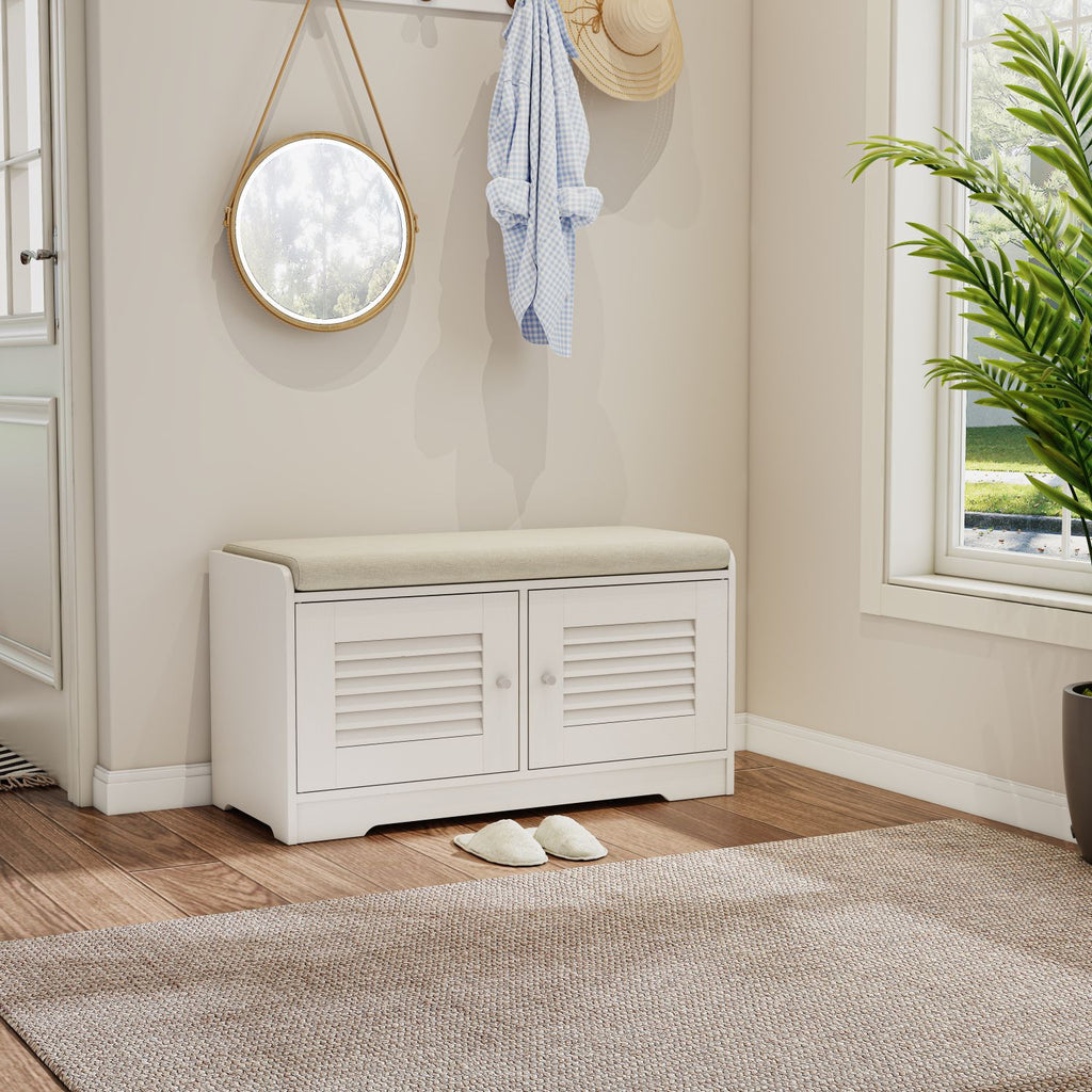 2-Door Shoe Storage Bench with Cushion and Adjustable Shelves for Entryway Hallway