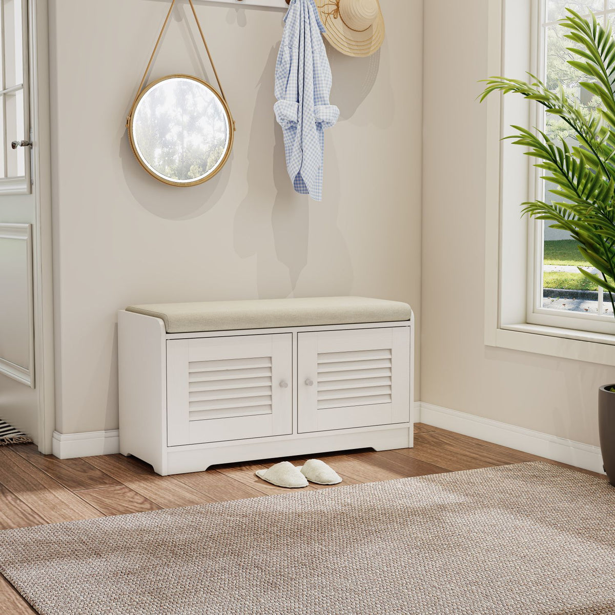2-Door Shoe Storage Bench with Cushion and Adjustable Shelves for Entryway Hallway