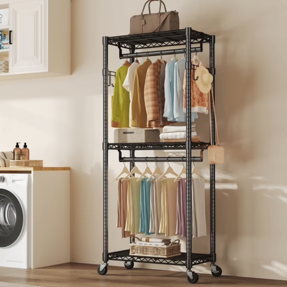 Rolling Clothes Rack with Adjustable Shelves and Side Hooks