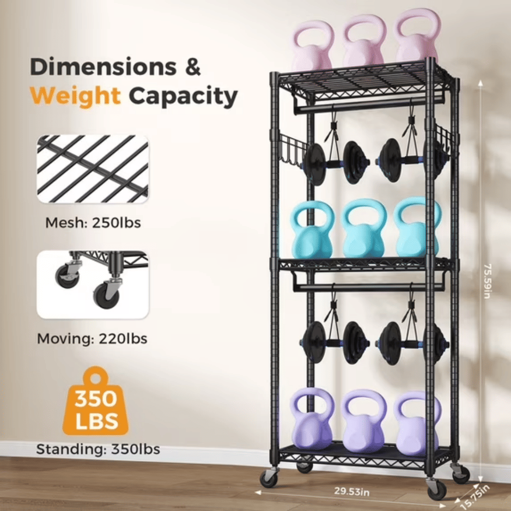 Rolling Clothes Rack with Adjustable Shelves and Side Hooks