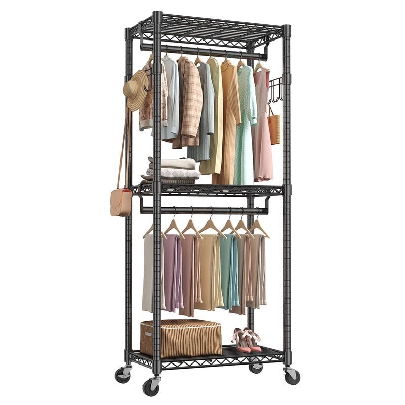 Rolling Clothes Rack with Adjustable Shelves and Side Hooks