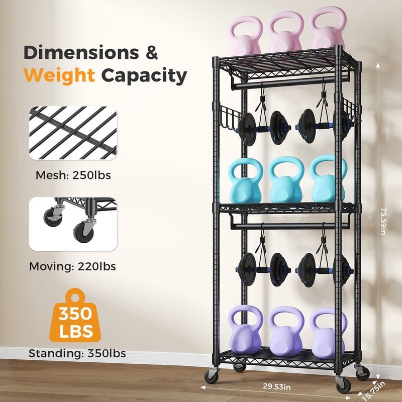 Rolling Clothes Rack with Adjustable Shelves and Side Hooks